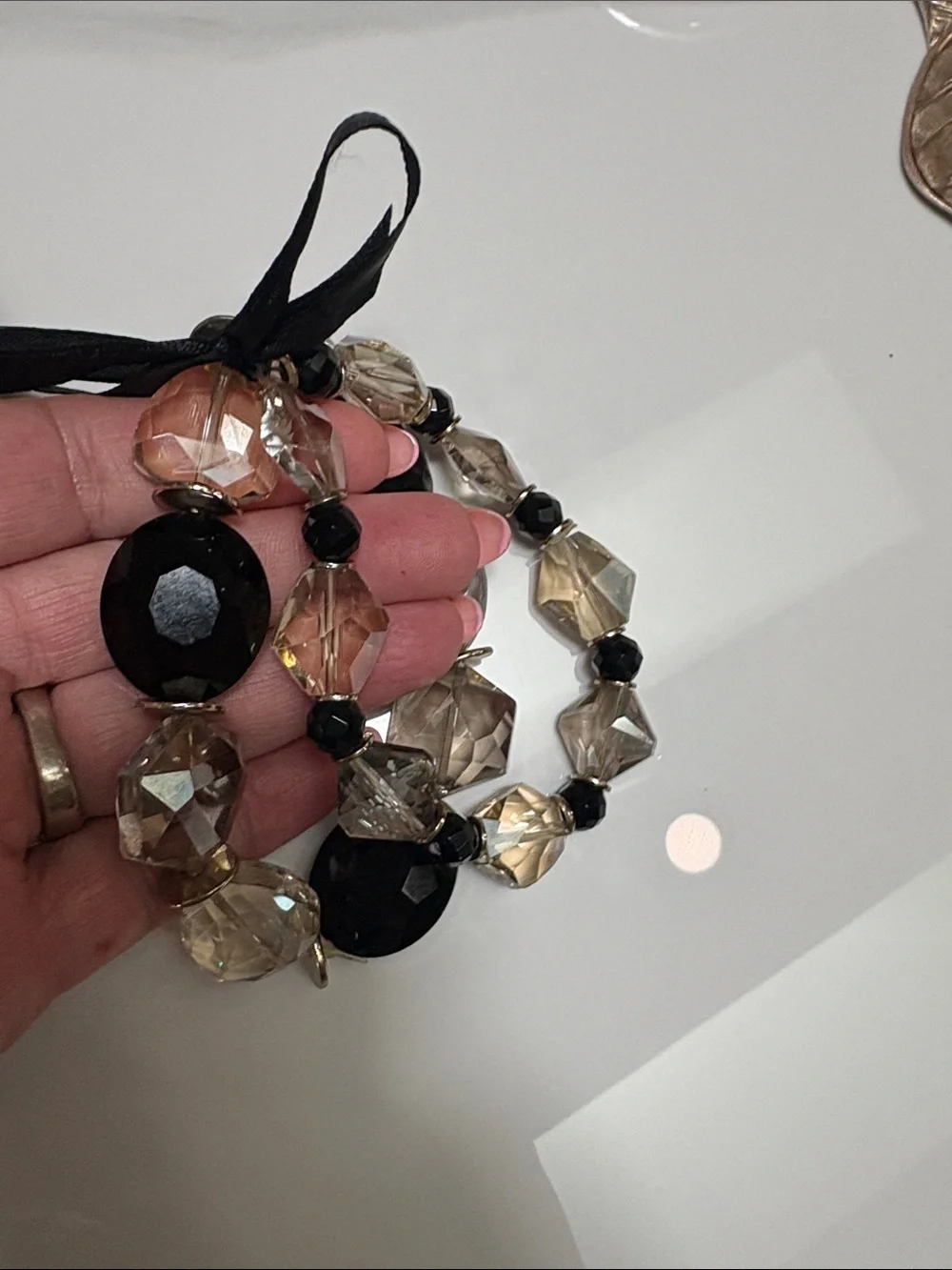 Elegant Black and Champagne glass  Beaded Bracelet with Ribbon Tie set of 2